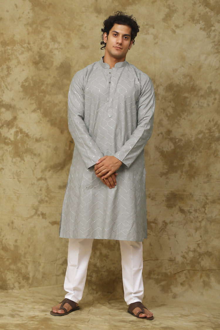 Bluesaanchi Men's Linen Threadwork Kurta Set - Creamy Grey
