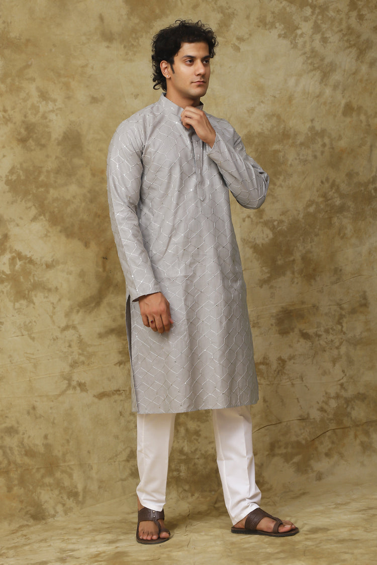 Bluesaanchi Men's Linen Threadwork Kurta Set - Creamy Grey