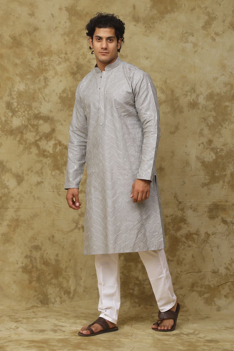 Bluesaanchi Men's Linen Threadwork Kurta Set - Creamy Grey