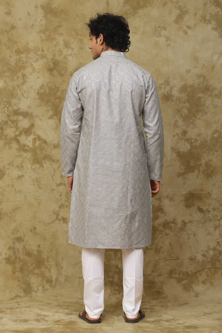 Bluesaanchi Men's Linen Threadwork Kurta Set - Creamy Grey