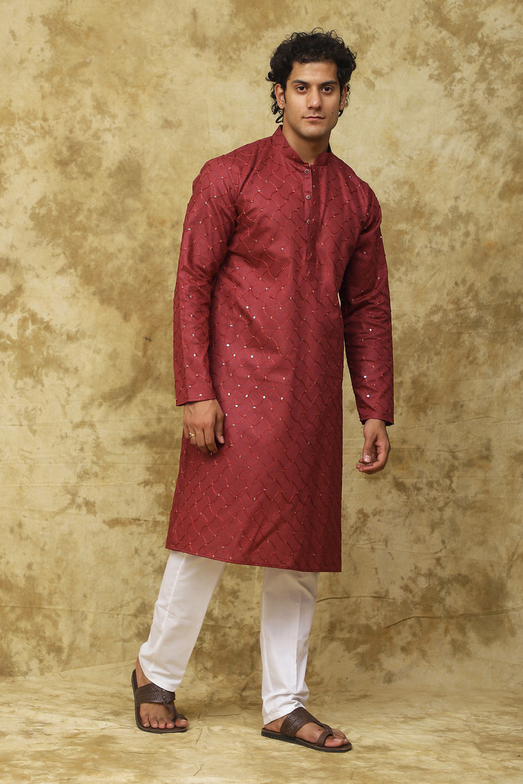Bluesaanchi Men's Embroidered Kurta Set – Rust