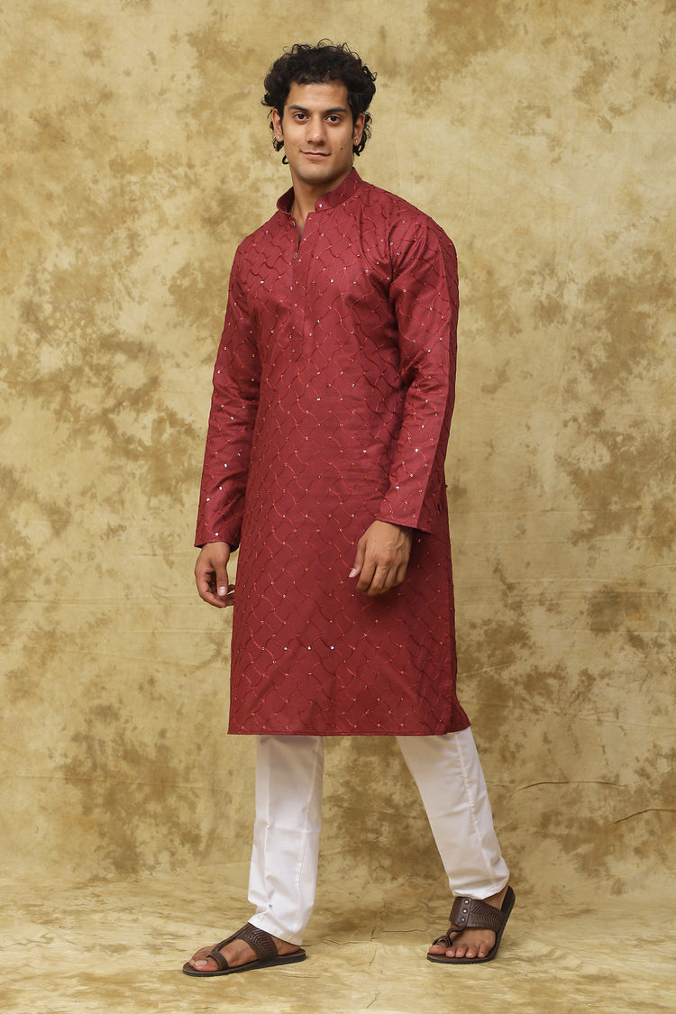 Bluesaanchi Men's Embroidered Kurta Set – Rust