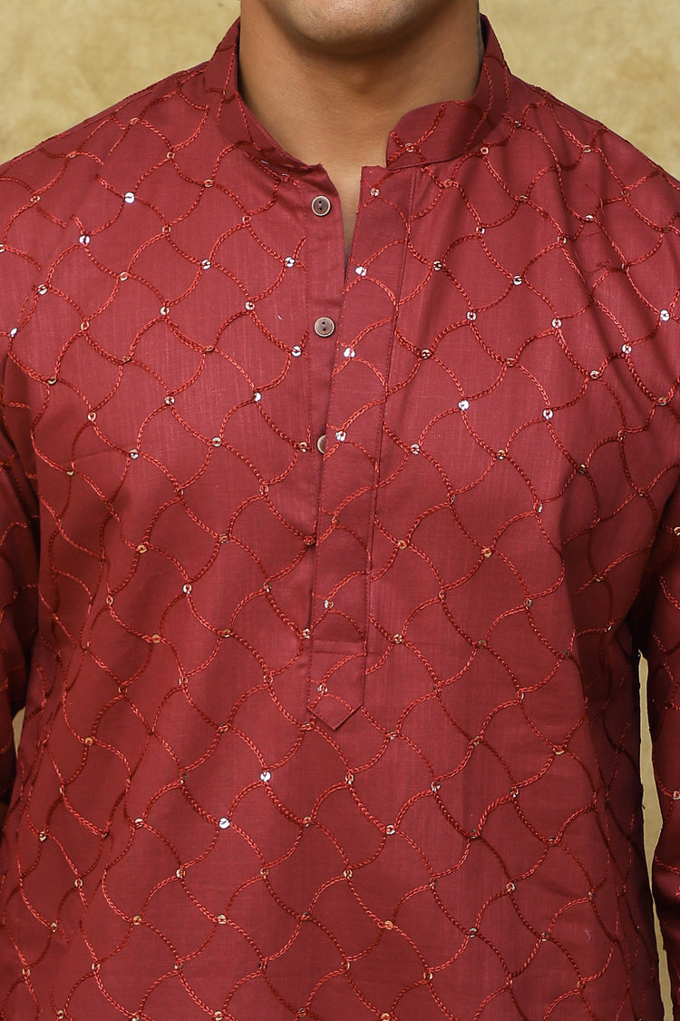 Bluesaanchi Men's Embroidered Kurta Set – Rust