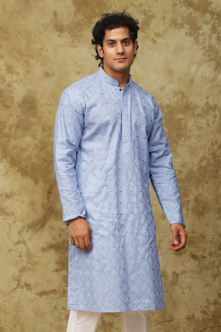 Bluesaanchi Men's Linen Threadwork Kurta Set - Blue