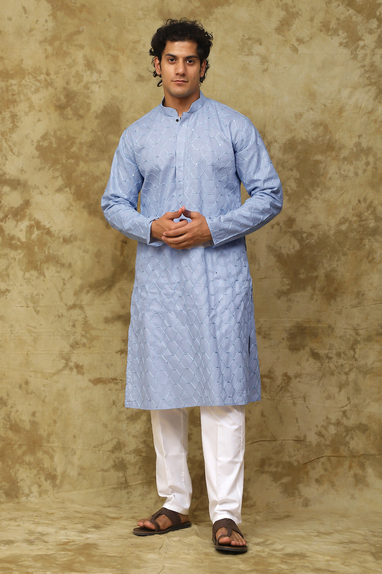 Bluesaanchi Men's Linen Threadwork Kurta Set - Blue