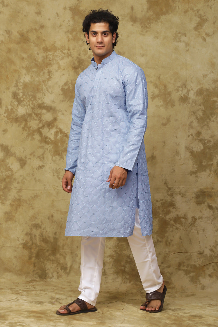 Bluesaanchi Men's Linen Threadwork Kurta Set - Blue