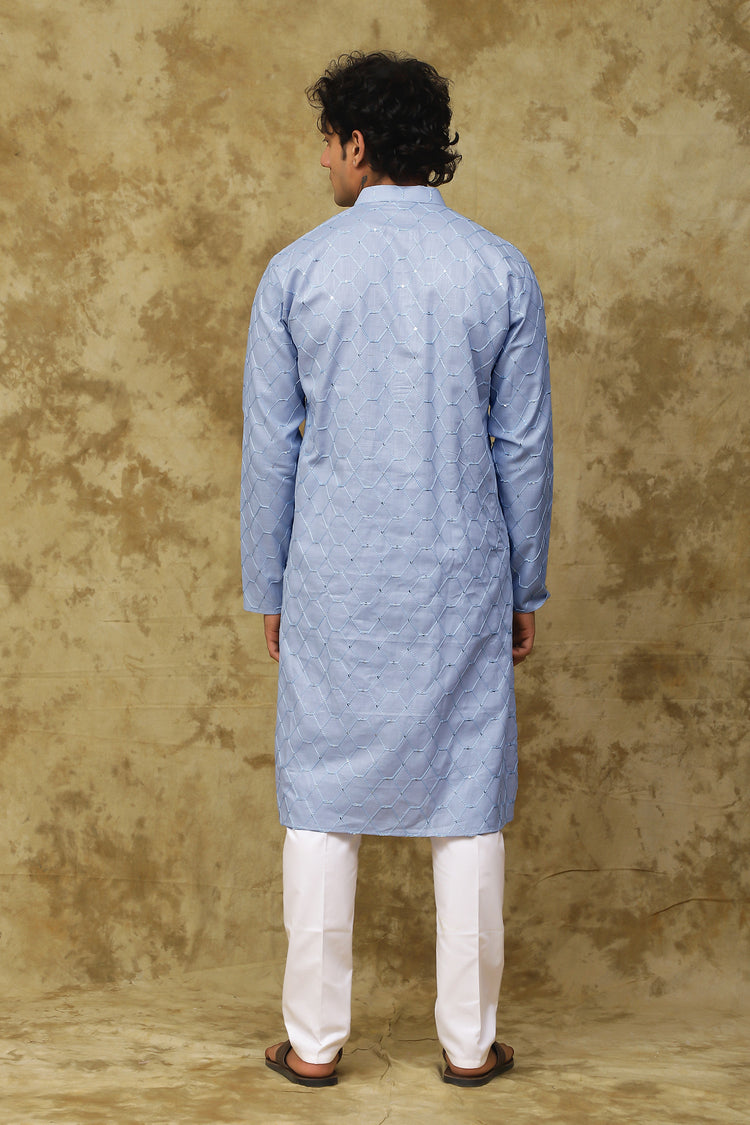 Bluesaanchi Men's Linen Threadwork Kurta Set - Blue