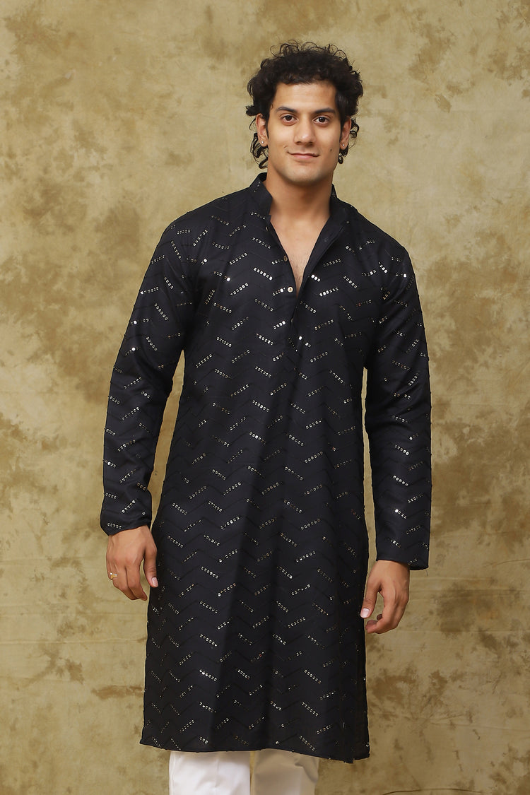 Bluesaanchi Men's Black Zigzag Sequin Kurta Set