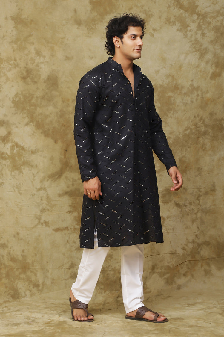Bluesaanchi Men's Black Zigzag Sequin Kurta Set