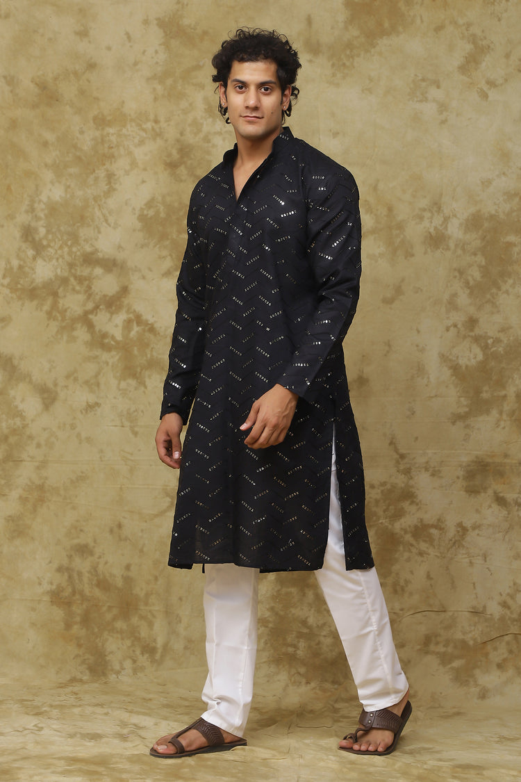 Bluesaanchi Men's Black Zigzag Sequin Kurta Set