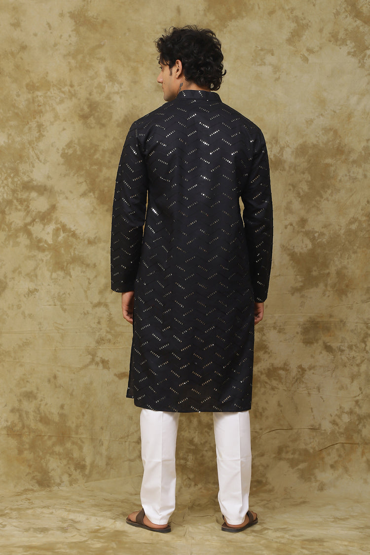 Bluesaanchi Men's Black Zigzag Sequin Kurta Set