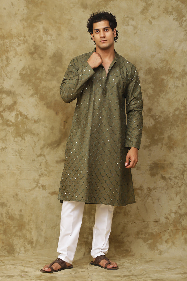 Bluesaanchi Men's Linen Threadwork Kurta Set - Dark Mehendi