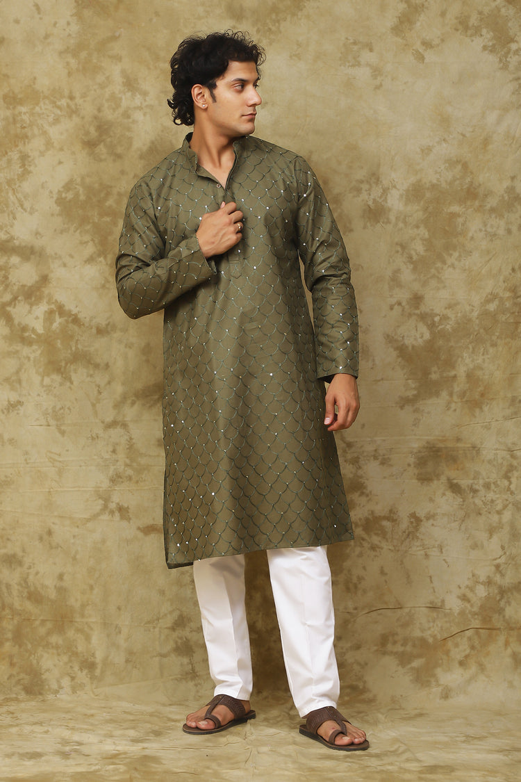 Bluesaanchi Men's Linen Threadwork Kurta Set - Dark Mehendi