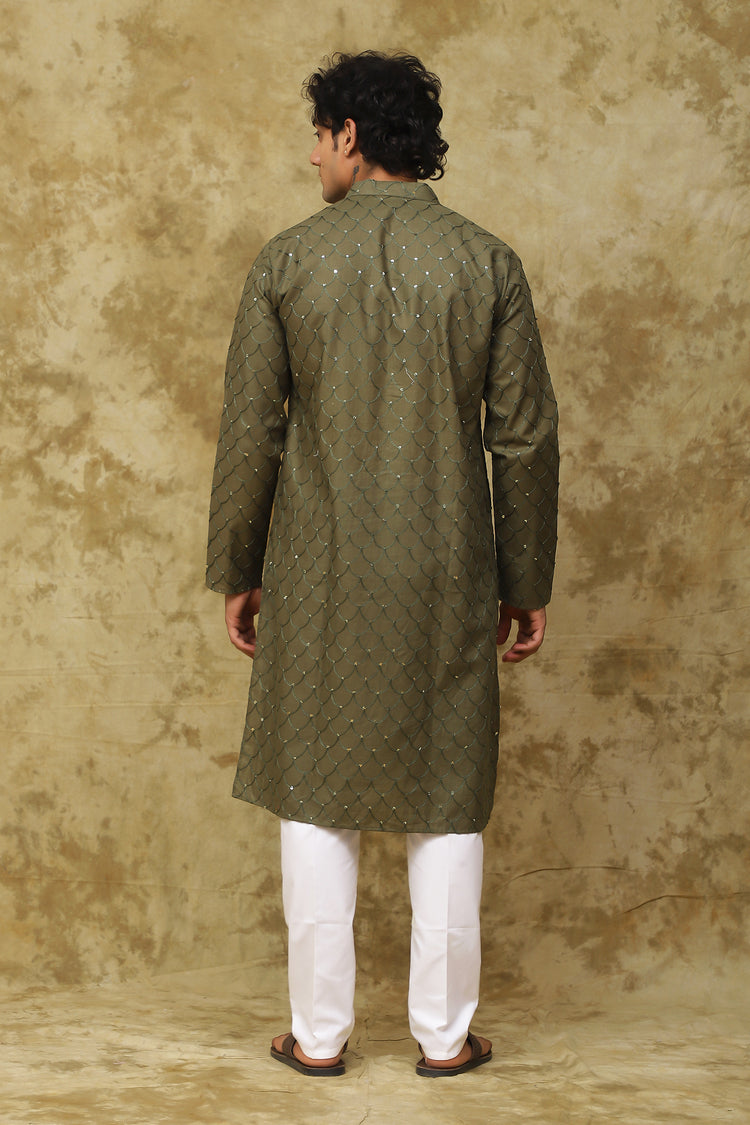 Bluesaanchi Men's Linen Threadwork Kurta Set - Dark Mehendi