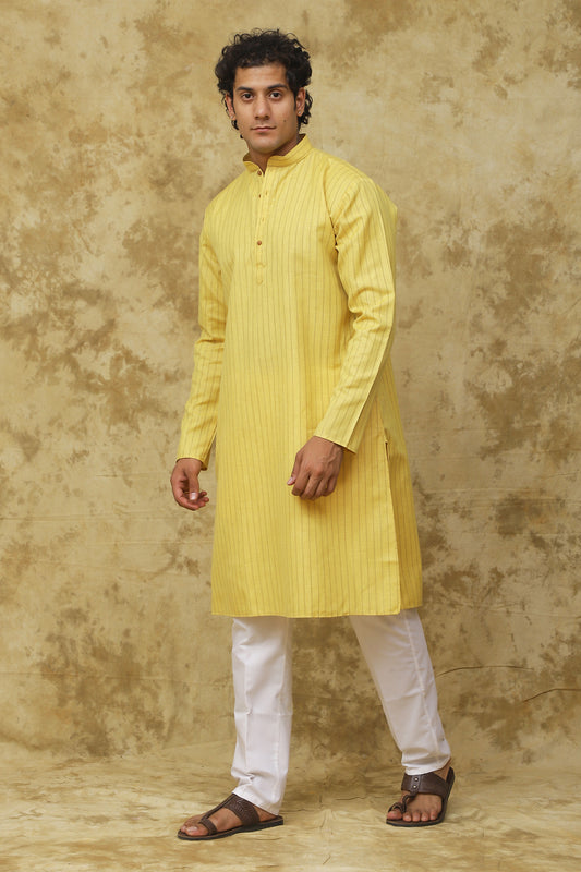 Bluesaanchi Men's Cotton Striped Kurta Set – Yellow