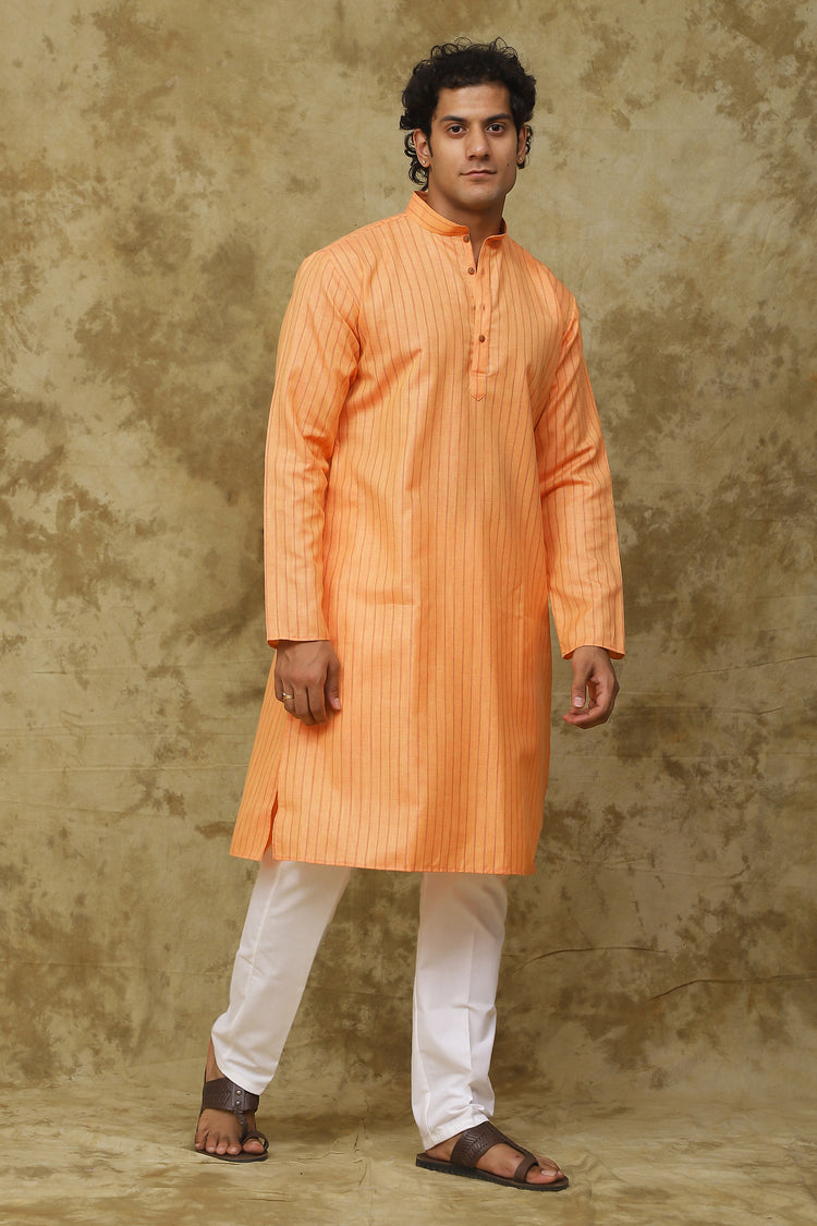 Bluesaanchi Men's Cotton Striped Kurta Set – Orange