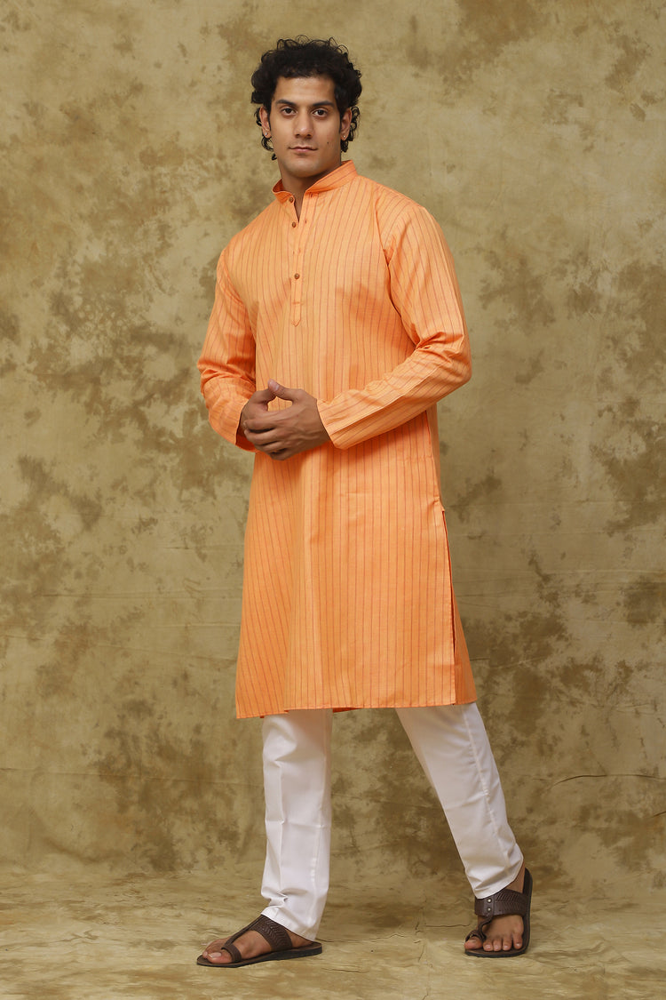 Bluesaanchi Men's Cotton Striped Kurta Set – Orange