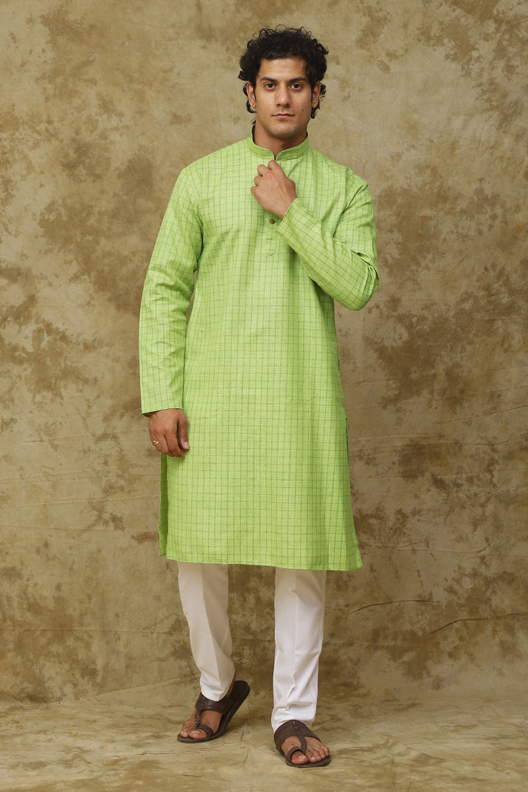 Bluesaanchi Men's Check Green Cotton Kurta Set | Summer Traditional Look