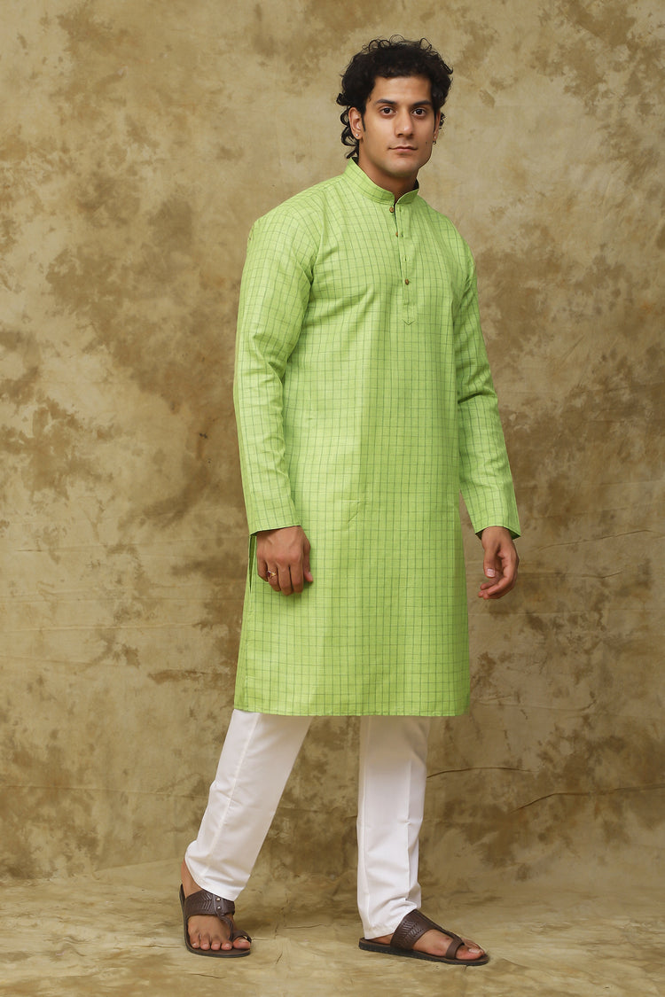 Bluesaanchi Men's Check Green Cotton Kurta Set | Summer Traditional Look