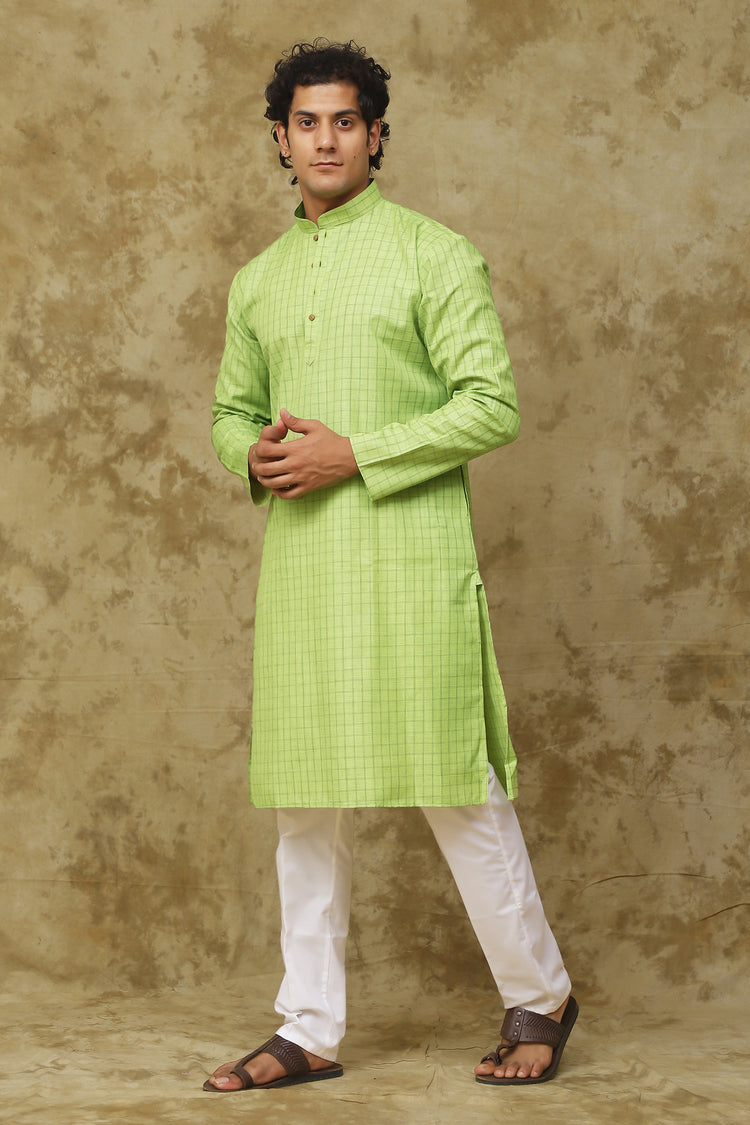 Bluesaanchi Men's Check Green Cotton Kurta Set | Summer Traditional Look