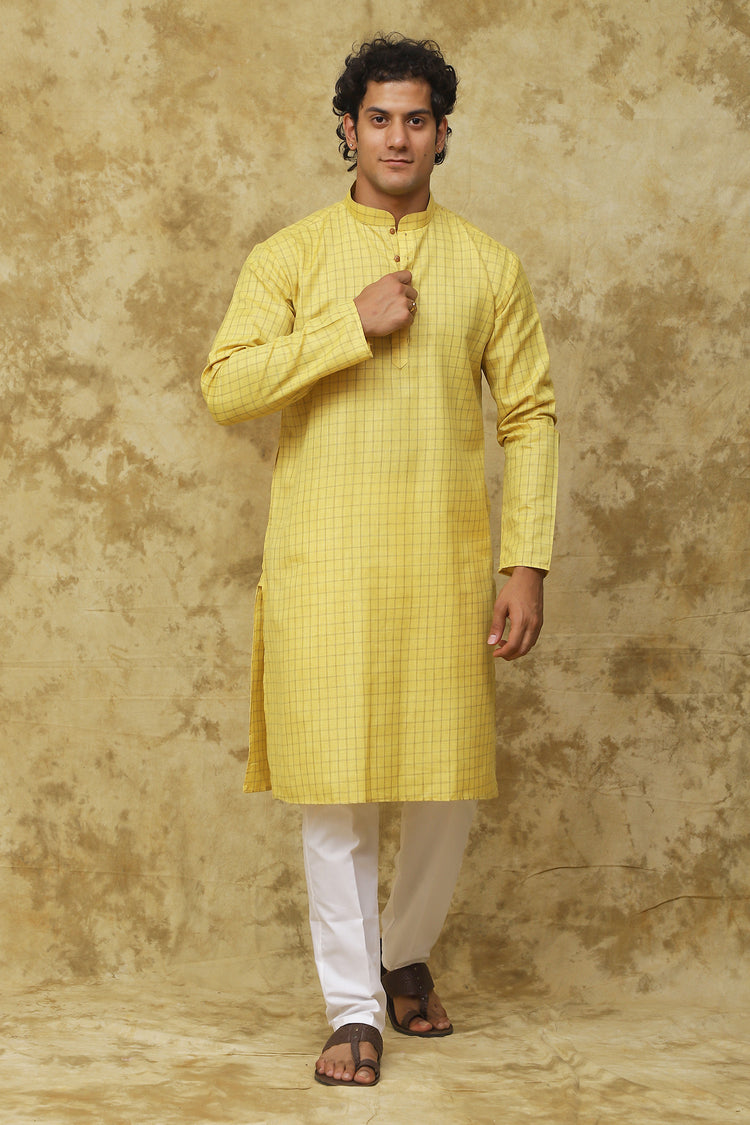 Bluesaanchi Men's Check Yellow Cotton Kurta Set | Summer Traditional Look