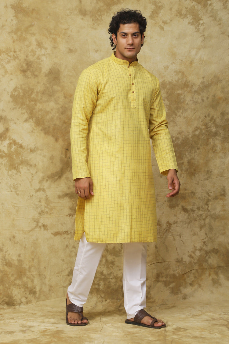 Bluesaanchi Men's Check Yellow Cotton Kurta Set | Summer Traditional Look