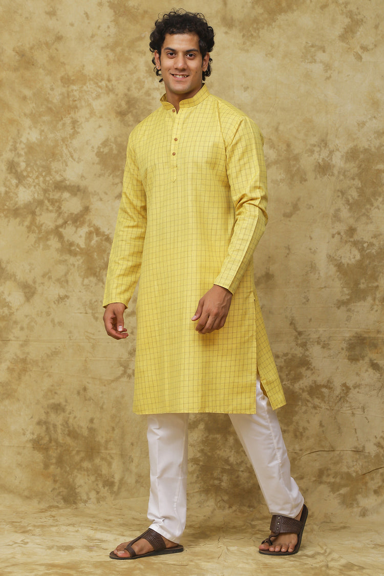 Bluesaanchi Men's Check Yellow Cotton Kurta Set | Summer Traditional Look