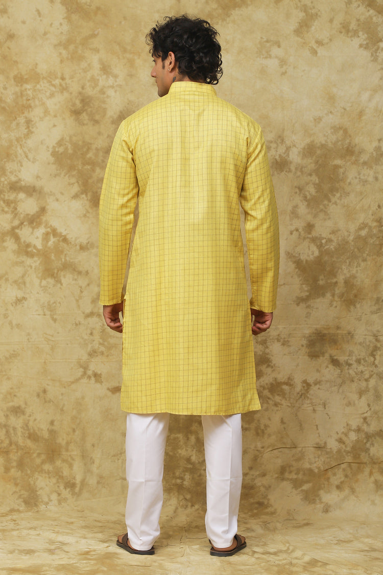 Bluesaanchi Men's Check Yellow Cotton Kurta Set | Summer Traditional Look