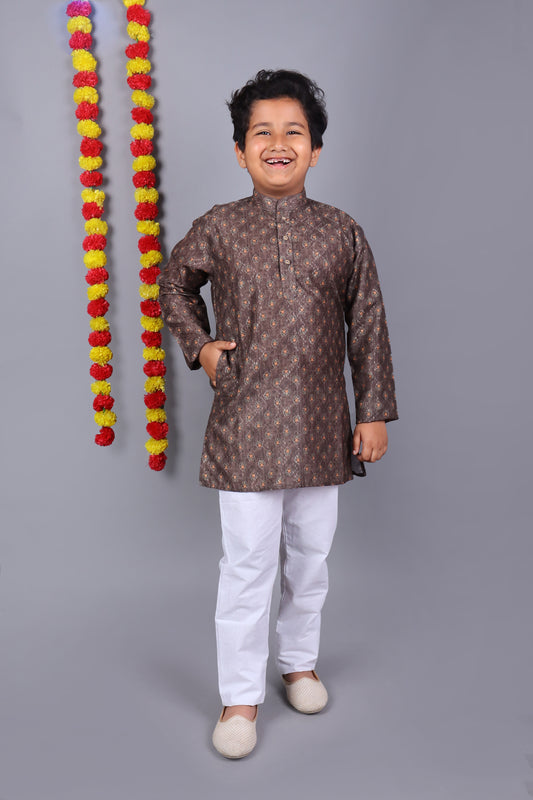Brown Printed Kids Kurta Set – Elegant & Classic