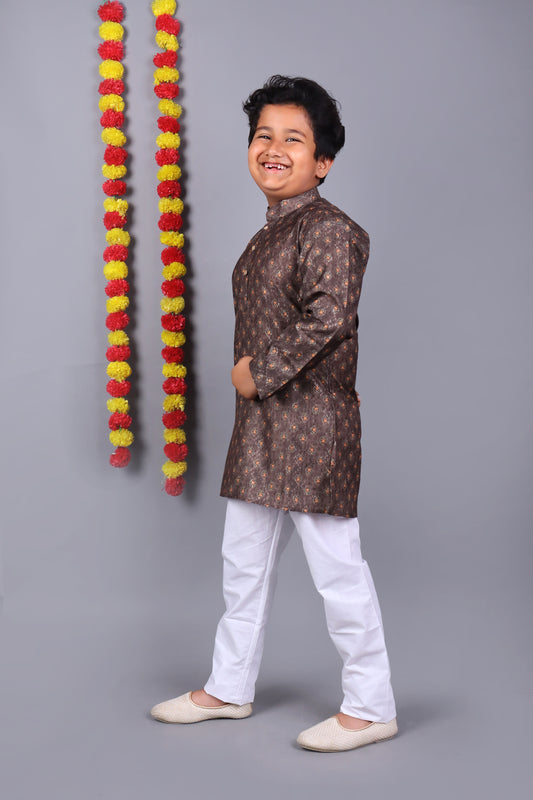 Brown Printed Kids Kurta Set – Elegant & Classic