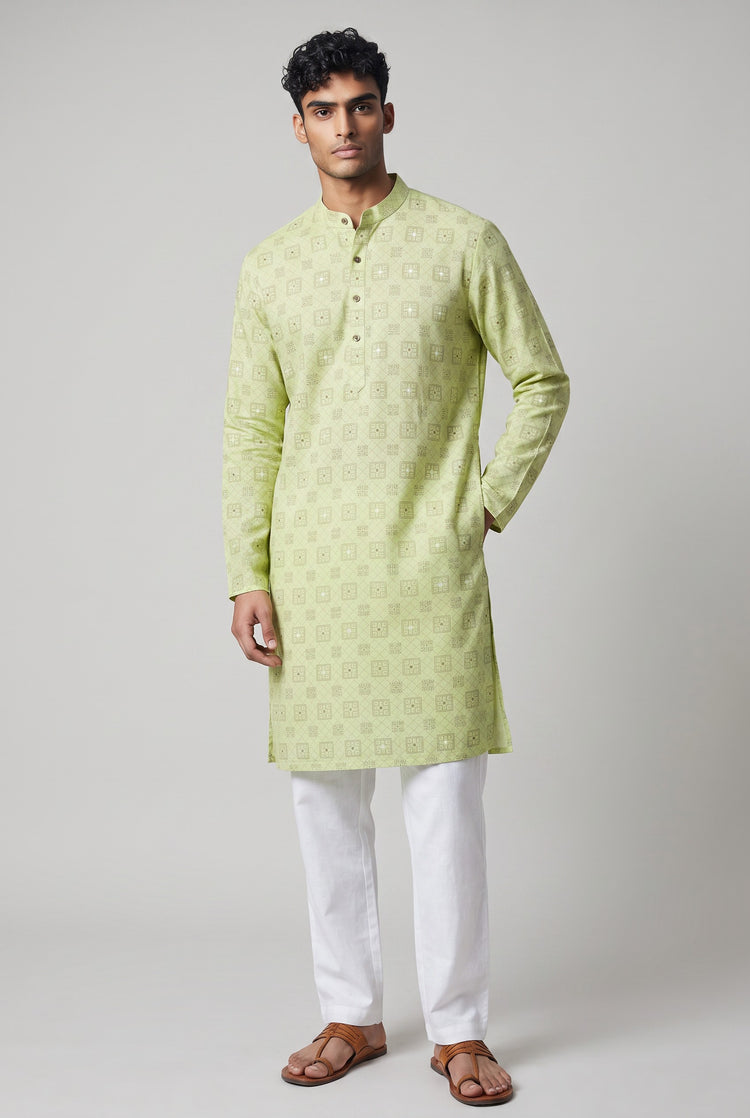 Veshbhoshaa Men's Soft Green Printed Kurta Set