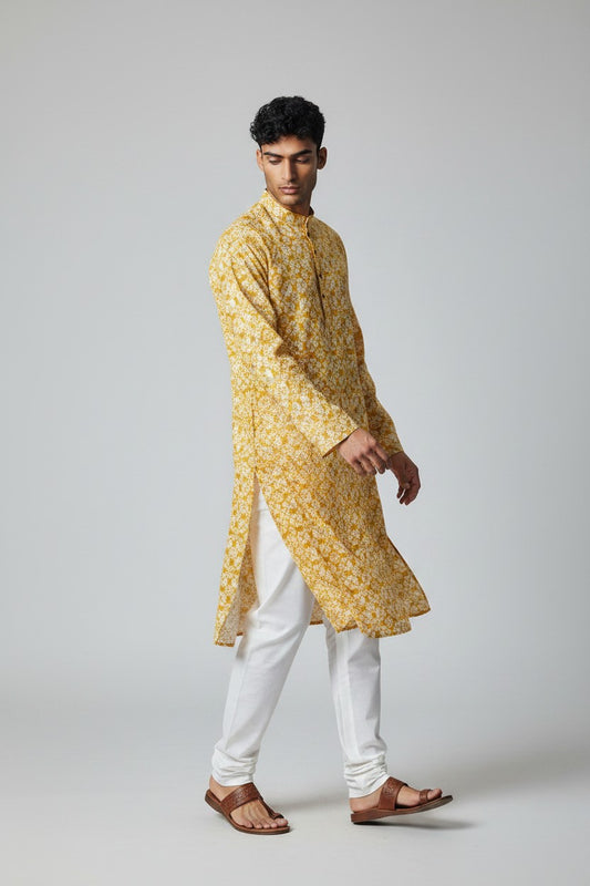 Men's Yellow Printed Kurta Pajama Set