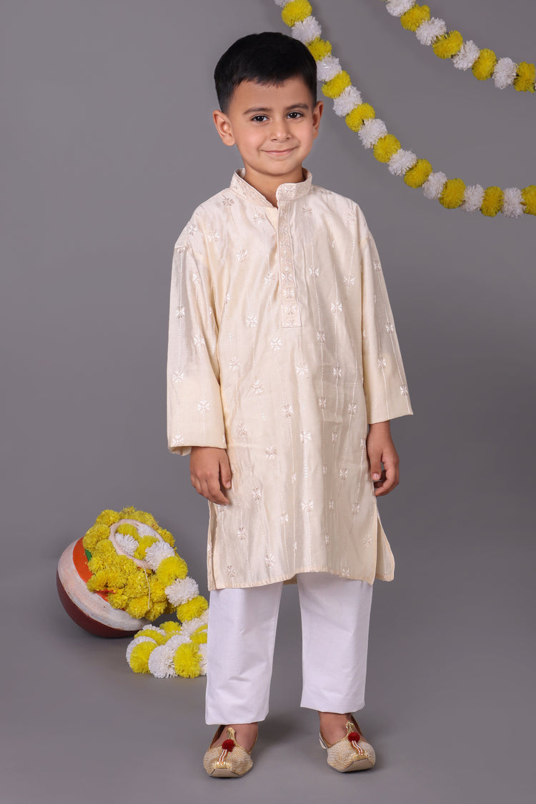 Fresh & Pure Cream Mirror Work Kids Kurta Set for a Timeless Look