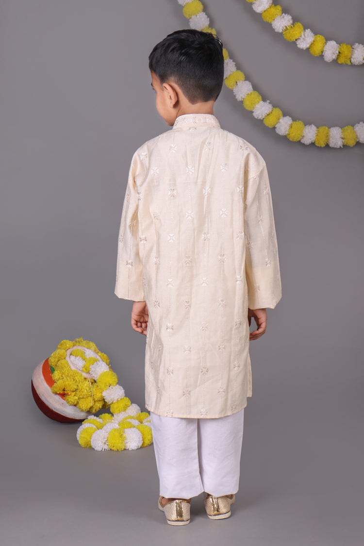 Fresh & Pure Cream Mirror Work Kids Kurta Set for a Timeless Look