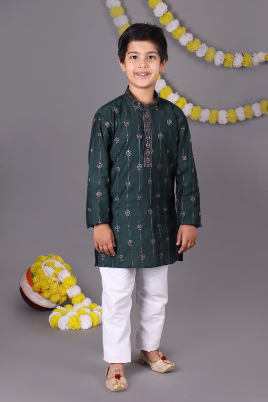 Green Dream Bold Mirror Work Kids Kurta Set Trendsetters