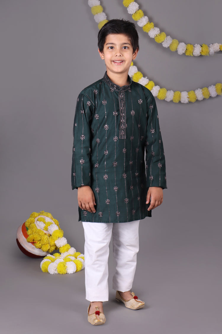 Green Dream Bold Mirror Work Kids Kurta Set Trendsetters