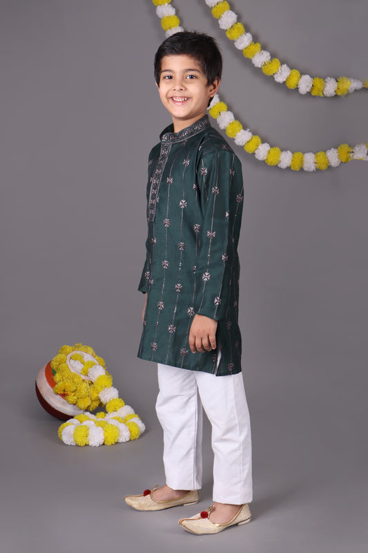 Green Dream Bold Mirror Work Kids Kurta Set Trendsetters