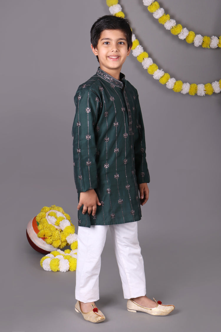 Green Dream Bold Mirror Work Kids Kurta Set Trendsetters