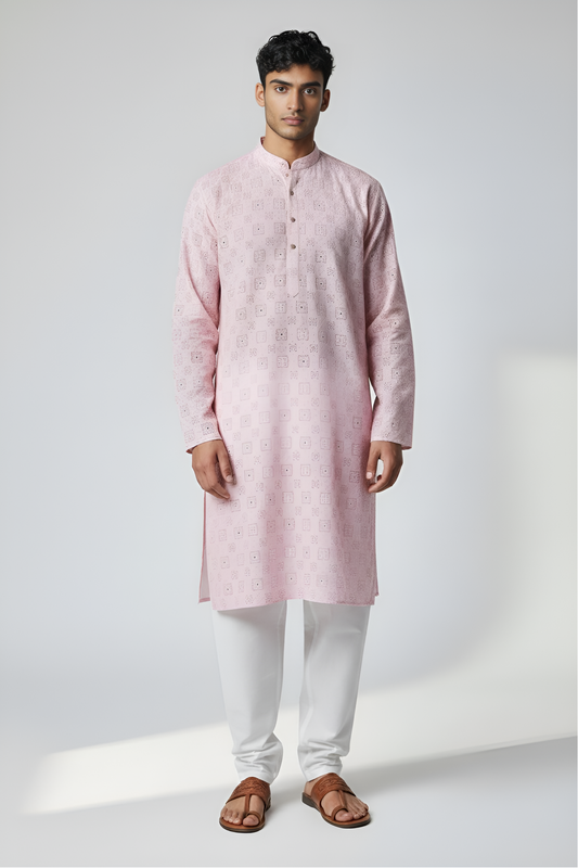 Veshbhoshaa Men's Soft Pink Printed Kurta Set