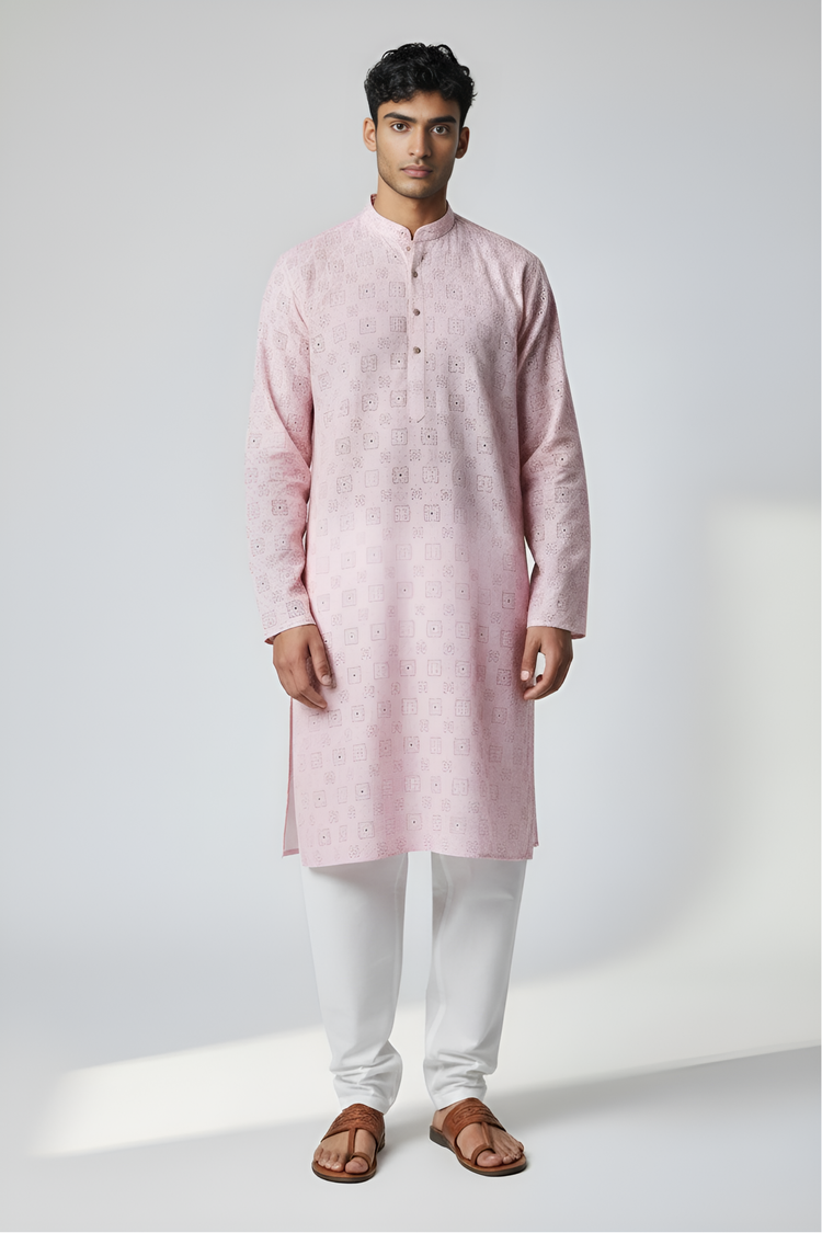 Veshbhoshaa Men's Soft Pink Printed Kurta Set