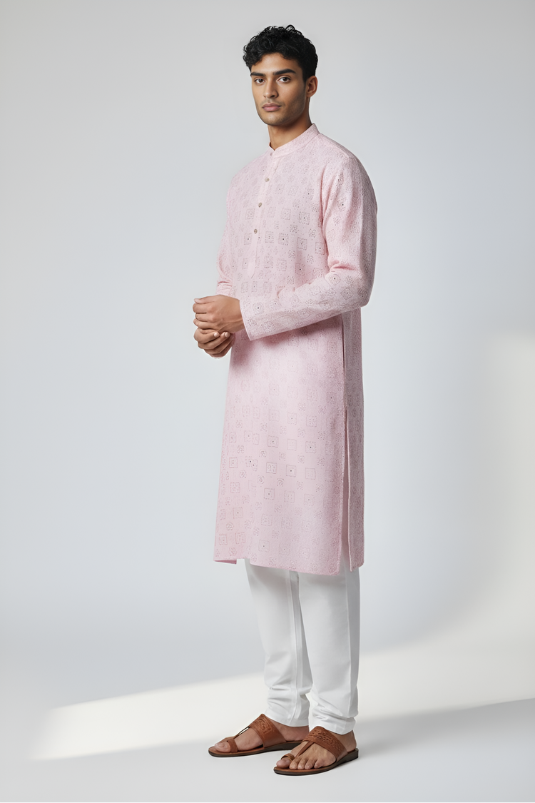 Veshbhoshaa Men's Soft Pink Printed Kurta Set