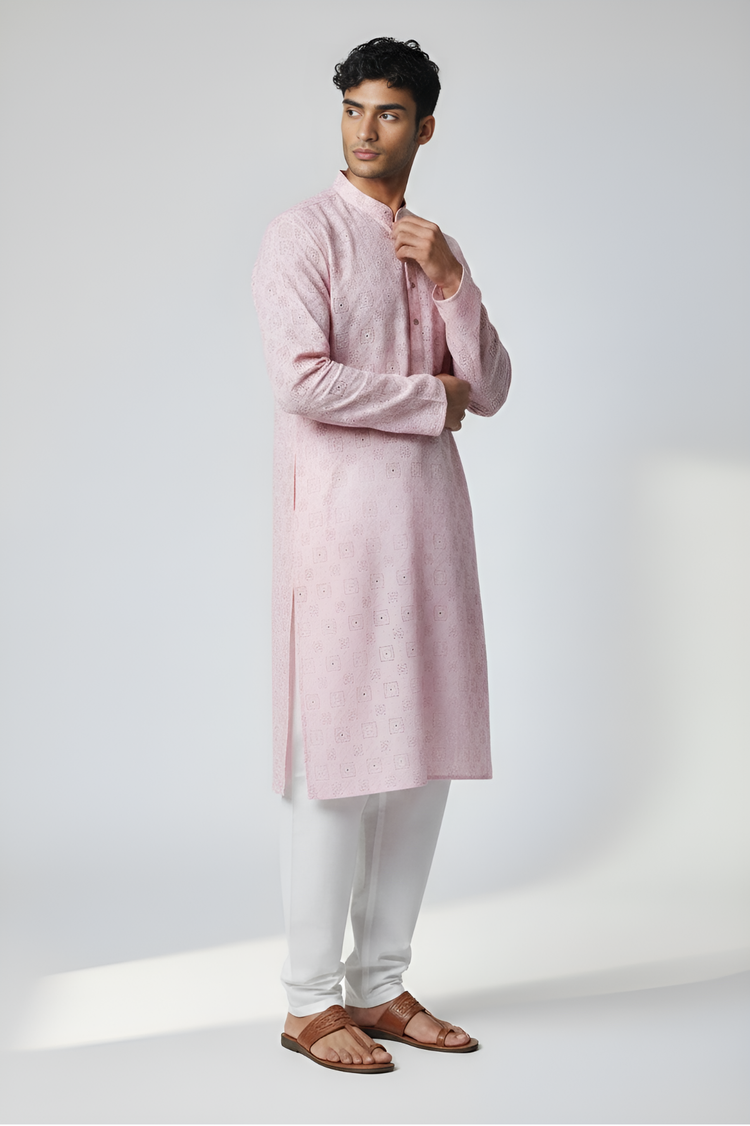 Veshbhoshaa Men's Soft Pink Printed Kurta Set