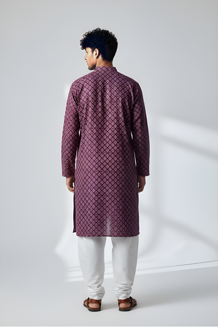 Veshbhoshaa Men's Wine Printed Kurta Set