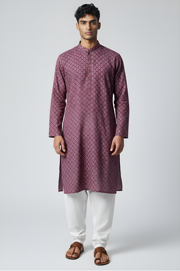 Veshbhoshaa Men's Wine Printed Kurta Set