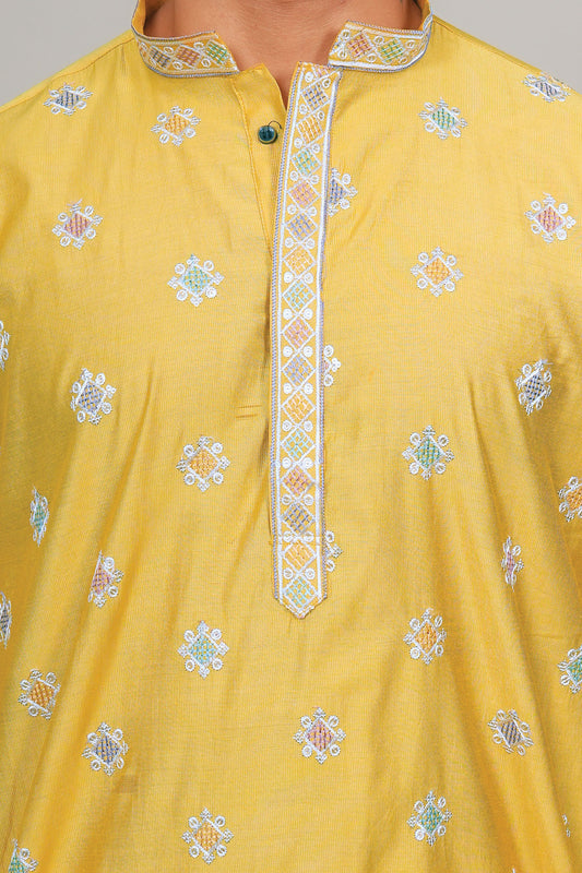 Bluesaanchi Handcrafted Cotton Kurta Pajama Set for Men – Yellow