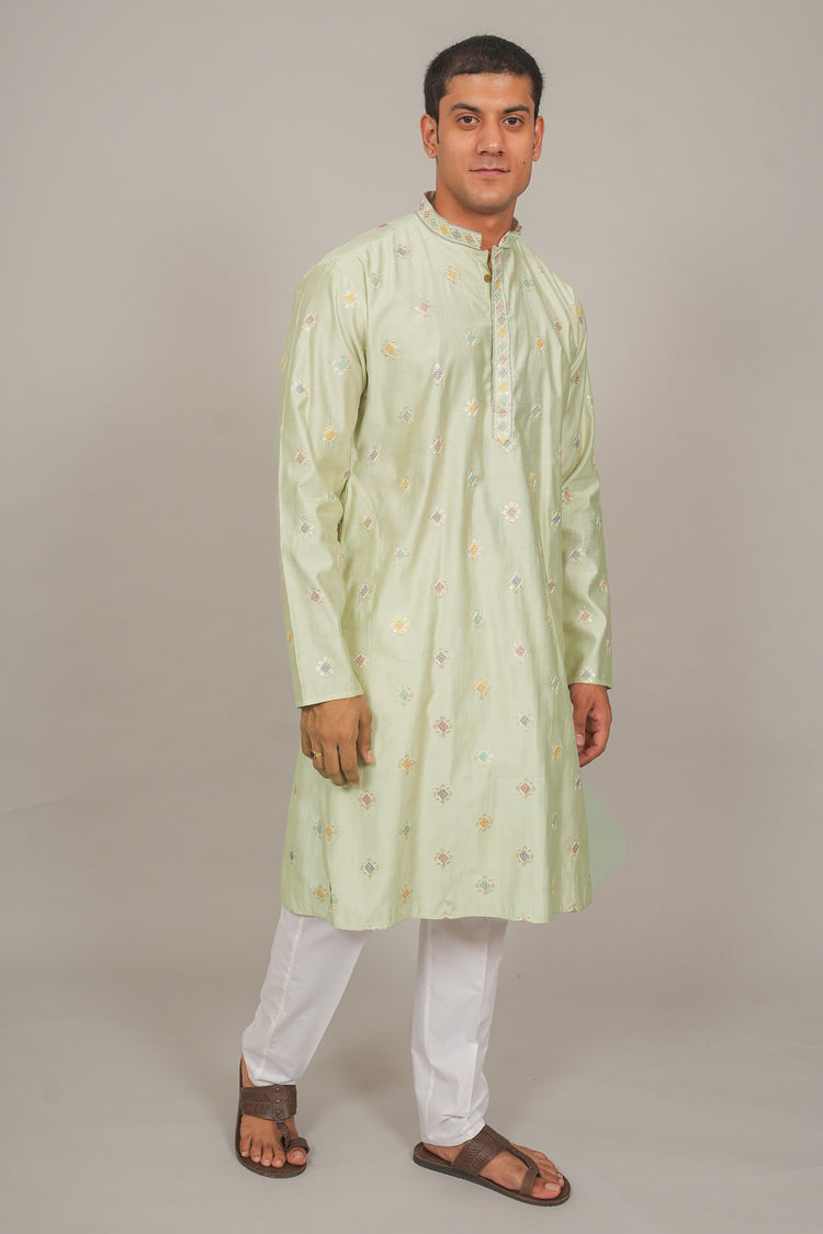 Bluesaanchi Handcrafted Cotton Kurta Pajama Set for Men – Pista Green