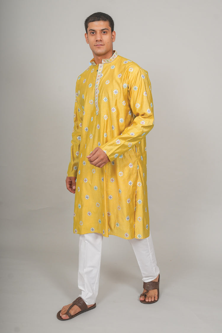 Bluesaanchi Handcrafted Cotton Kurta Pajama Set for Men – Yellow