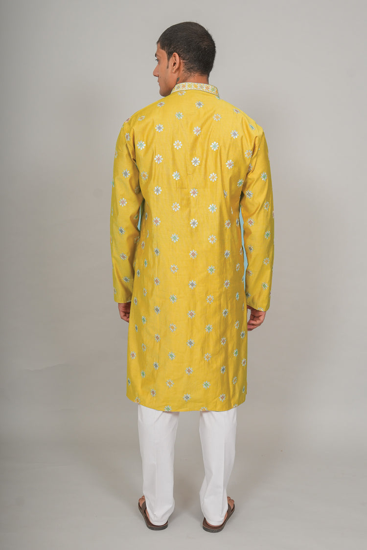 Bluesaanchi Handcrafted Cotton Kurta Pajama Set for Men – Yellow
