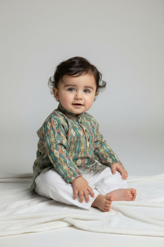 Veshbhoshaa Kid's Green Multicolour sequence Pajama Set
