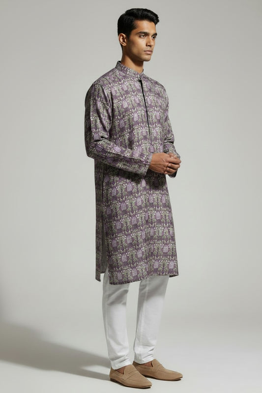 Veshbhoshaa Men's Lavender Printed Sequence Kurta Pajama Set